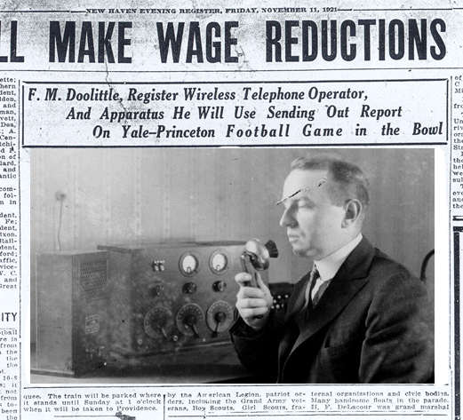 New Haven Register newspaper article about Franklin M. Doolittle's preparations to broadcast Yale/Princeton football game on November 12, 1921