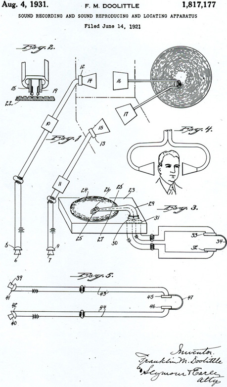 August 4, 1931 - excerpt from Franklin M. Doolittle's approved patent for sound recording, sound reproducing and locating appartus