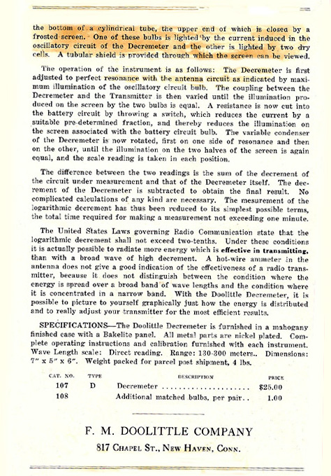 brochure for F.M. Doolittle Company Decremeter (Bulletin 107R)