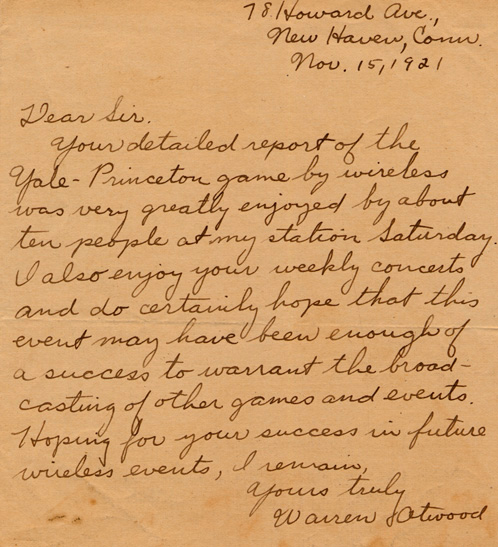 New Haven resident Warren Atwood reacts to Franklin M. Doolittle's 1921 Yale/Princeton football broadcast on amateur station 1AGI