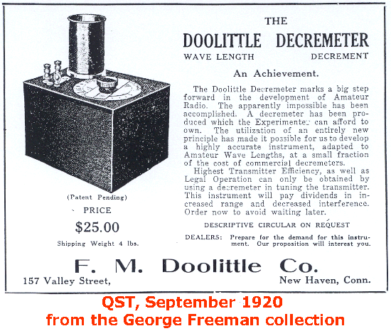 ad for the Doolittle Decremeter that appeared in QST magazine, September 1920