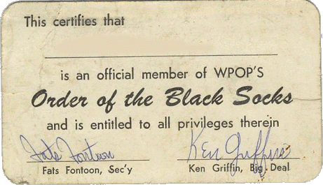 Ken Griffin's Order of the Black Socks membership card from WPOP