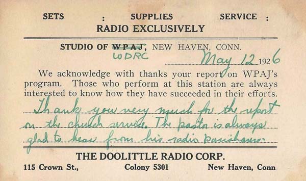 1926 WDRC QSL card