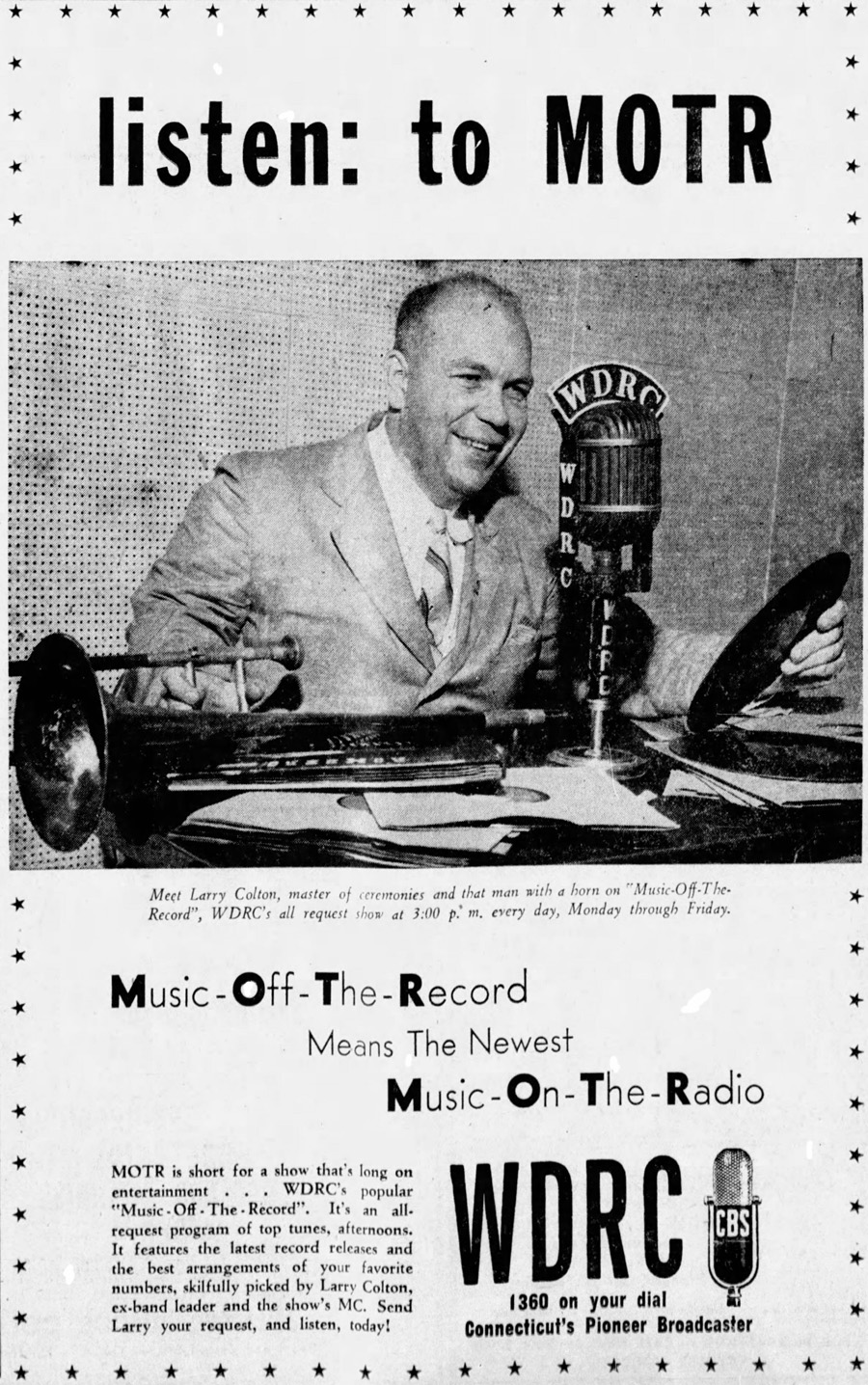 WDRC ad for Larry Colton and Music Off The Record - November  6, 1945