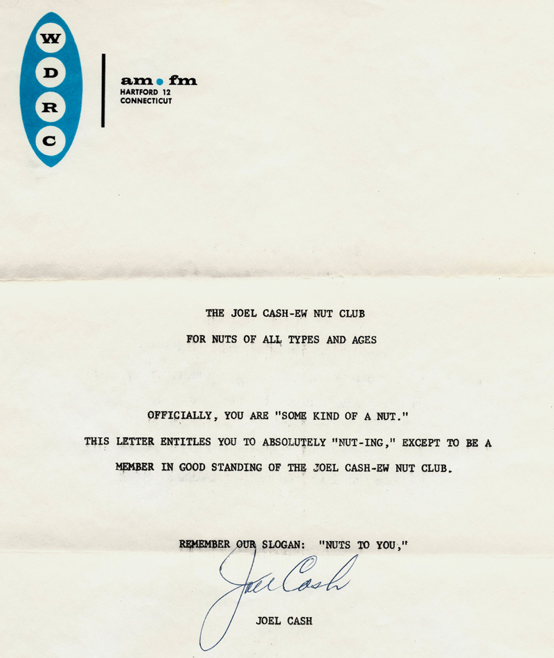 May 1962 letter to listeners about the WDRC Joel Cash-ew Nut Club