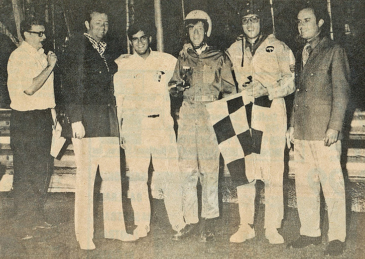 Radio Announcer Bob DeCarlo from Hartford's WDRC (second from right) won the "Big D" special "Grudge Race" Saturday night at Stafford Motor Speedway.  Gathered after the race are: Jim Powers, Dick Robinson, Jack ARute, Jr., Dick McDonough, DeCarlo, and Dick Korsen.  (Press photo, Peter Baldracchi)