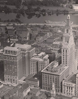 Aerial shot of WDRC's building at 750 Main Street in Hartford; Traveler's Tower is to the right.