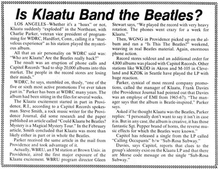 Billboard Magazine article about WDRC and Klaatu 