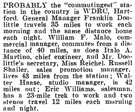 Broadcasting magazine, September 15, 1938, p.67 - Peggy reichel was one of many WDRC employees who had lengthy daily commutes