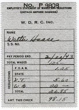 Walter Haase WDRC pay stub dated February 20, 1943