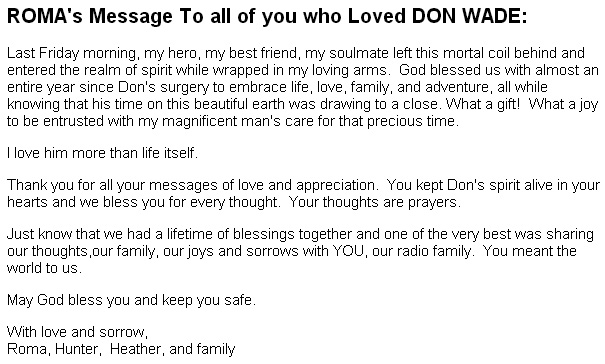Roma's message on the death of Don Wade from the WLS Chicago website