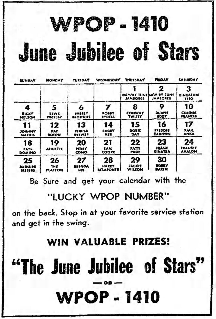 ad for WPOP's June Jubilee of Stars - June  11, 1961