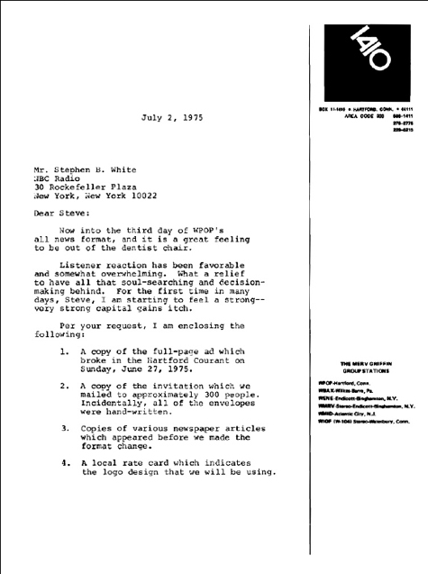 letter from WPOP's Al Pellegrino to NBC's Stephen B. White 